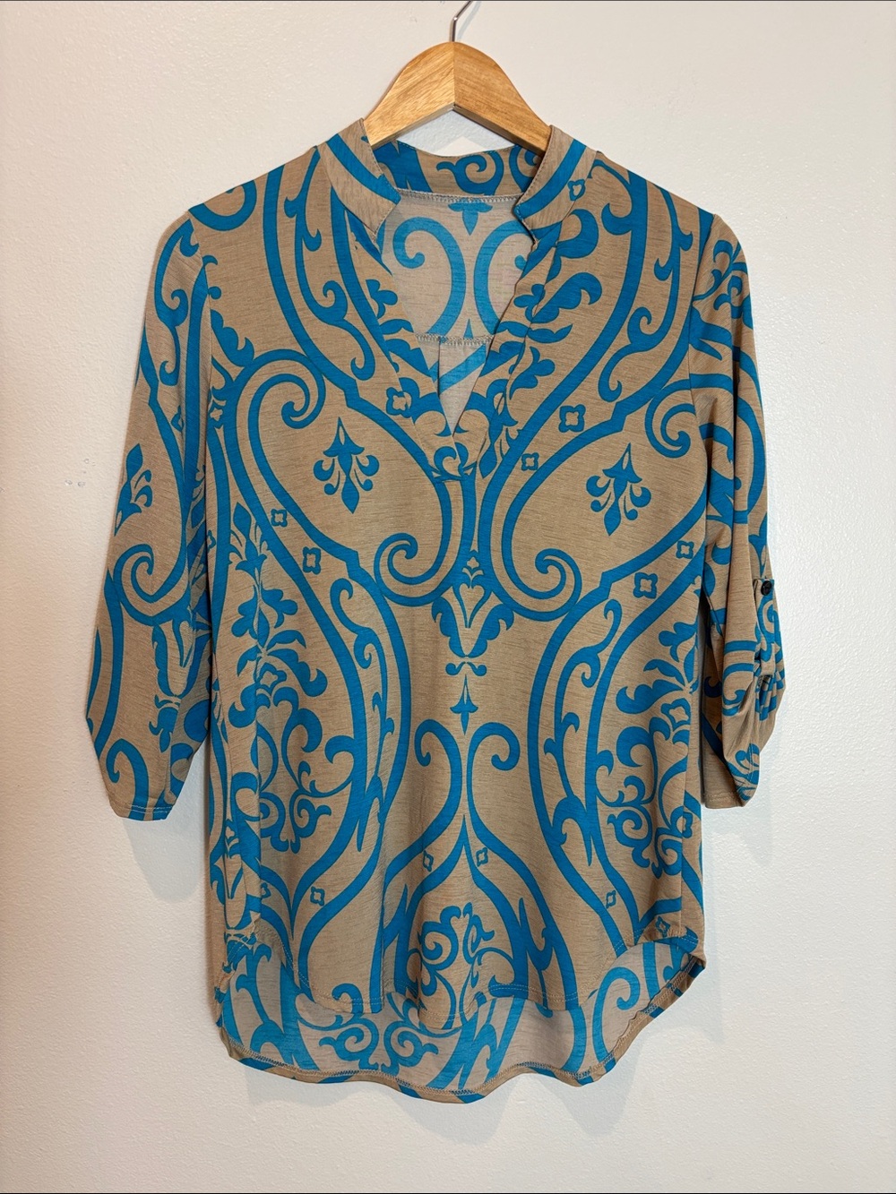 Source Unknown Taupe Top with Teal Scroll Print